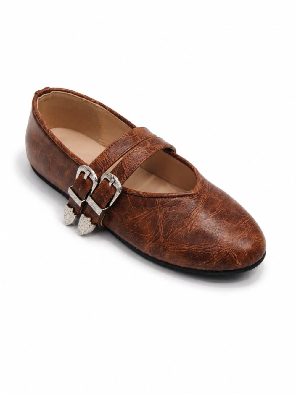 Azarayah Western Double-Buckle Distressed Mary Jane Ballet Flat